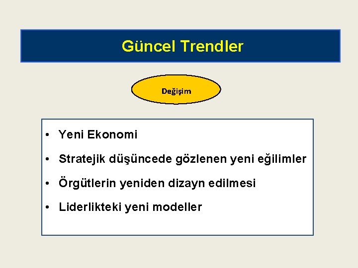 Güncel Trendler Değişim • Yeni Ekonomi • Stratejik düşüncede gözlenen yeni eğilimler • Örgütlerin