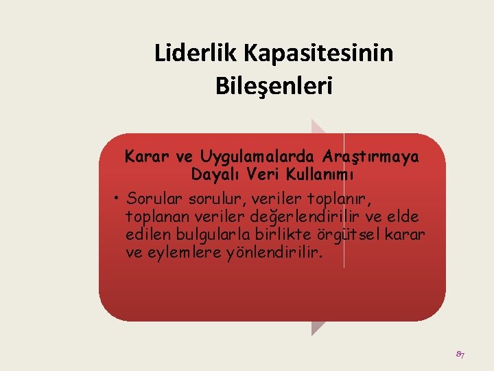 Liderlik Kapasitesinin Bileşenleri Karar ve Uygulamalarda Araştırmaya Dayalı Veri Kullanımı • Sorular sorulur, veriler