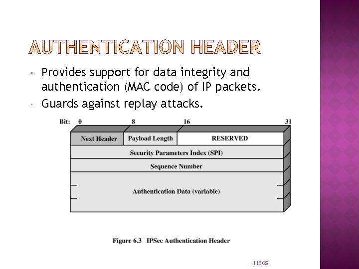  Provides support for data integrity and authentication (MAC code) of IP packets. Guards