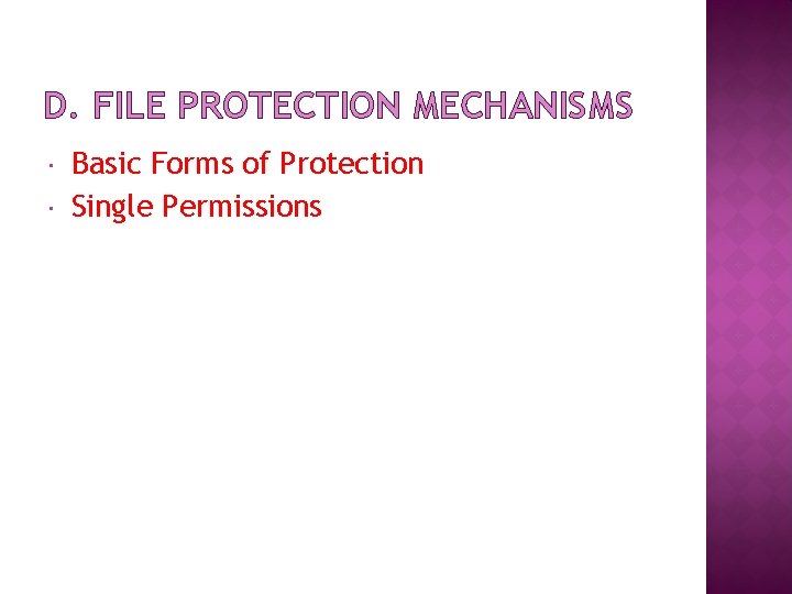 D. FILE PROTECTION MECHANISMS Basic Forms of Protection Single Permissions 