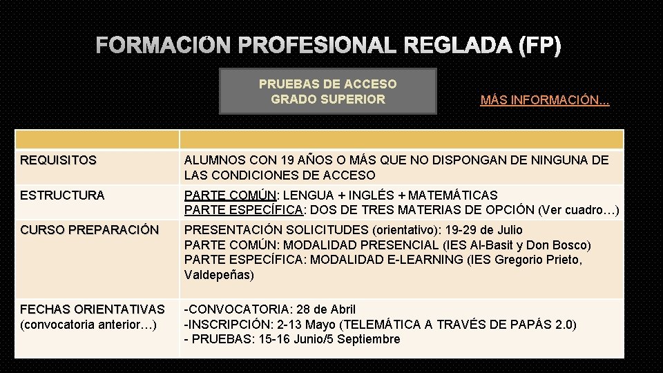 FORMACIÓN PROFESIONAL REGLADA (FP) PRUEBAS DE ACCESO GRADO SUPERIOR MÁS INFORMACIÓN. . . REQUISITOS