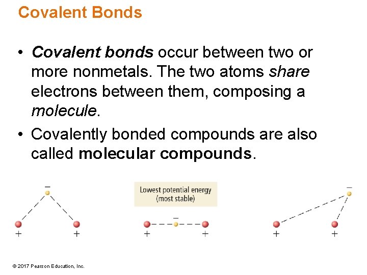 Covalent Bonds • Covalent bonds occur between two or more nonmetals. The two atoms