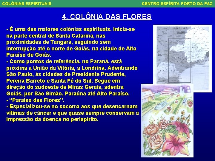 COLÔNIAS ESPIRITUAIS CENTRO ESPÍRITA PORTO DA PAZ 4. COLÔNIA DAS FLORES - É uma