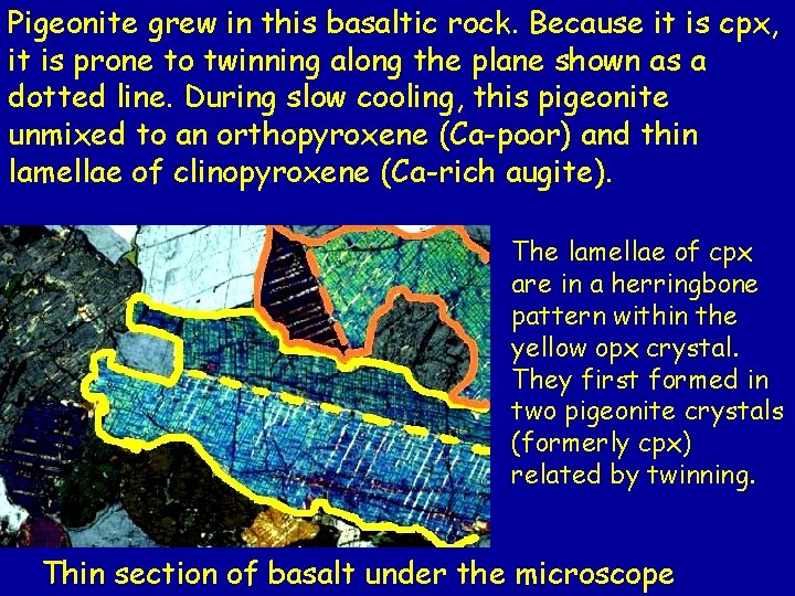 Pigeonite grew in this basaltic rock. Because it is cpx, it is prone to Pigeonite grew in this basaltic rock. Because it is cpx, it is prone to