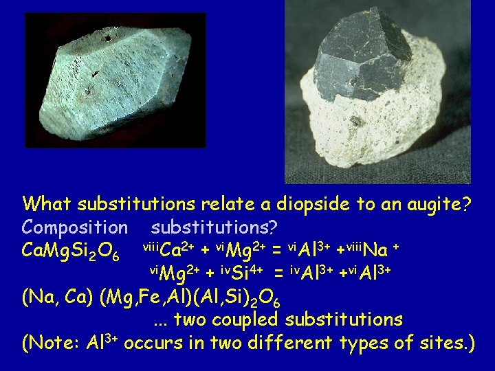 What substitutions relate a diopside to an augite? Composition substitutions? Ca. Mg. Si 2 What substitutions relate a diopside to an augite? Composition substitutions? Ca. Mg. Si 2