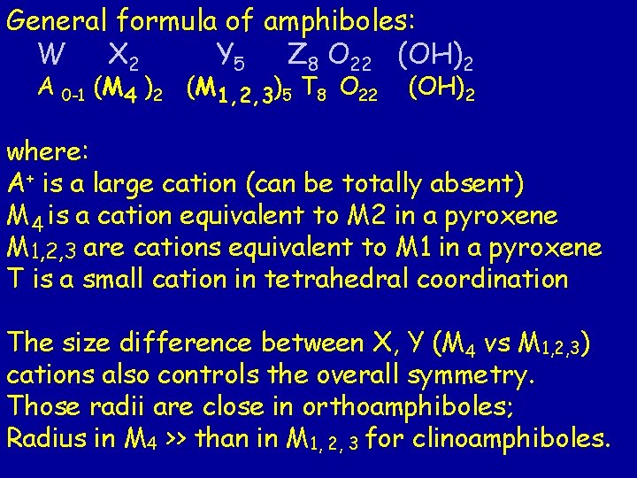 General formula of amphiboles: W X 2 Y 5 Z 8 O 22 (OH)2 General formula of amphiboles: W X 2 Y 5 Z 8 O 22 (OH)2