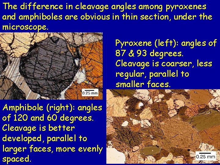 The difference in cleavage angles among pyroxenes and amphiboles are obvious in thin section, The difference in cleavage angles among pyroxenes and amphiboles are obvious in thin section,