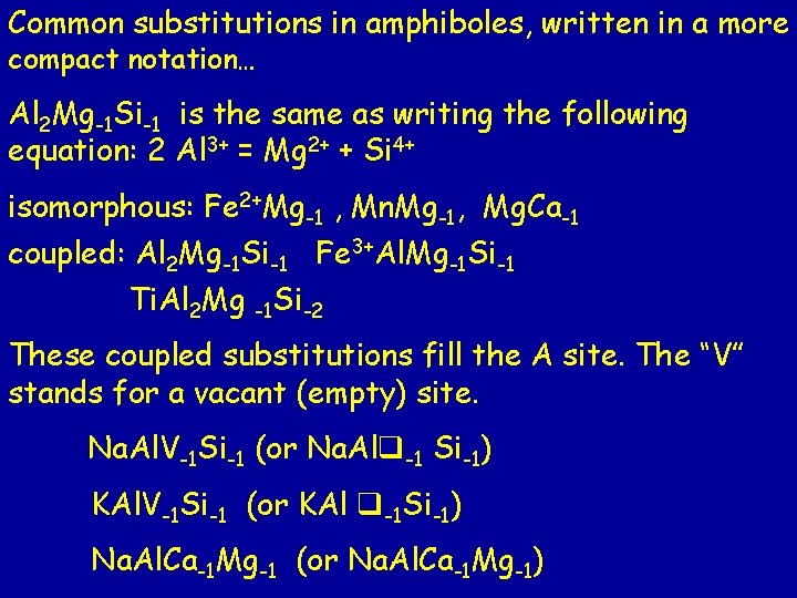 Common substitutions in amphiboles, written in a more compact notation… Al 2 Mg-1 Si-1 Common substitutions in amphiboles, written in a more compact notation… Al 2 Mg-1 Si-1