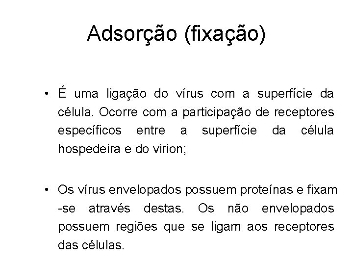 Adsorção (fixação) • É uma ligação do vírus com a superfície da célula. Ocorre