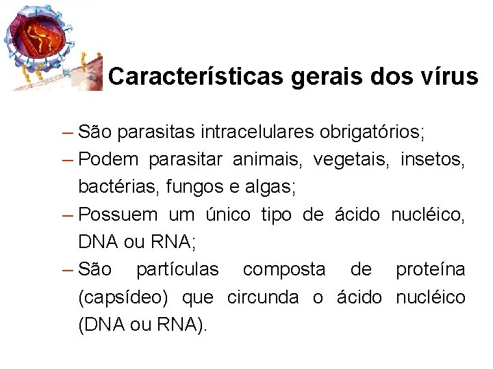 Características gerais dos vírus – São parasitas intracelulares obrigatórios; – Podem parasitar animais, vegetais,