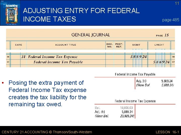 11 ADJUSTING ENTRY FOR FEDERAL INCOME TAXES page 485 • Posing the extra payment 11 ADJUSTING ENTRY FOR FEDERAL INCOME TAXES page 485 • Posing the extra payment
