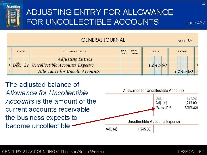 4 ADJUSTING ENTRY FOR ALLOWANCE FOR UNCOLLECTIBLE ACCOUNTS page 482 The adjusted balance of 4 ADJUSTING ENTRY FOR ALLOWANCE FOR UNCOLLECTIBLE ACCOUNTS page 482 The adjusted balance of
