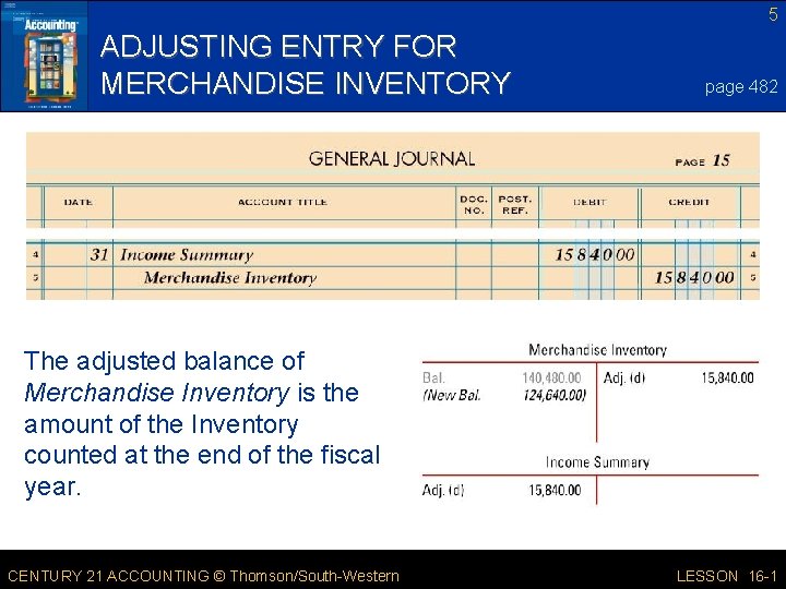5 ADJUSTING ENTRY FOR MERCHANDISE INVENTORY page 482 The adjusted balance of Merchandise Inventory 5 ADJUSTING ENTRY FOR MERCHANDISE INVENTORY page 482 The adjusted balance of Merchandise Inventory