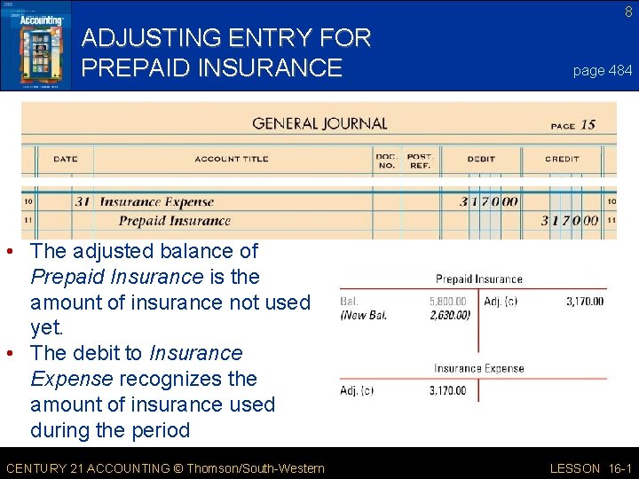 8 ADJUSTING ENTRY FOR PREPAID INSURANCE page 484 • The adjusted balance of Prepaid 8 ADJUSTING ENTRY FOR PREPAID INSURANCE page 484 • The adjusted balance of Prepaid