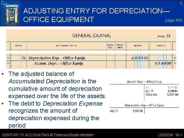 9 ADJUSTING ENTRY FOR DEPRECIATION— page 484 OFFICE EQUIPMENT • The adjusted balance of 9 ADJUSTING ENTRY FOR DEPRECIATION— page 484 OFFICE EQUIPMENT • The adjusted balance of