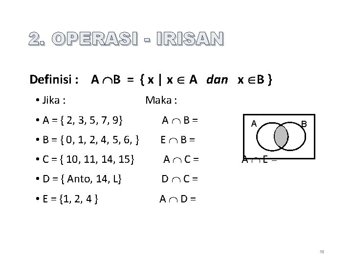 2. OPERASI - IRISAN Definisi : A B = { x | x A