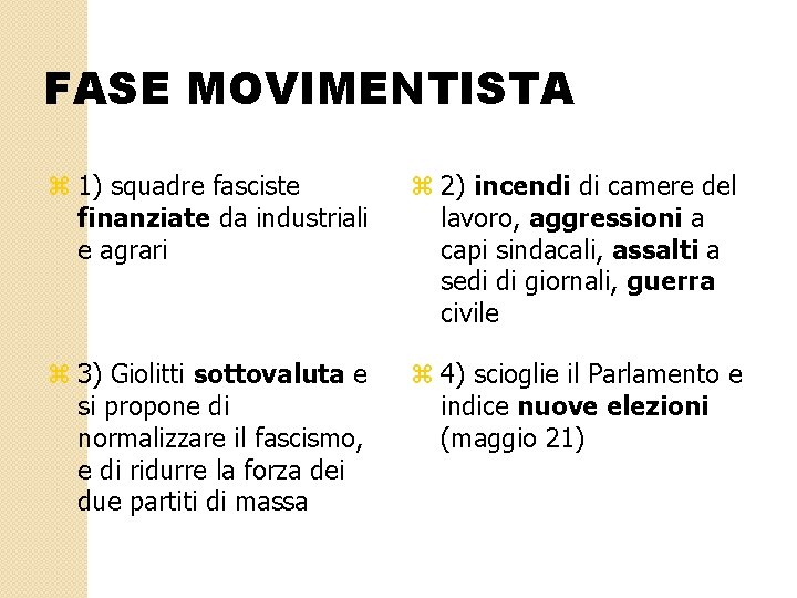 FASE MOVIMENTISTA z 1) squadre fasciste finanziate da industriali e agrari z 2) incendi