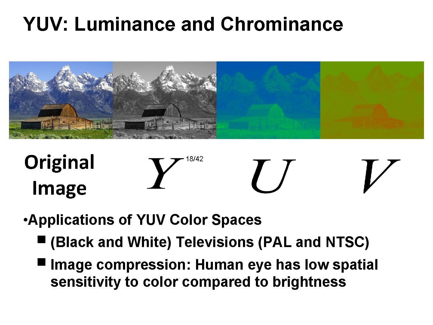 YUV: Luminance and Chrominance Original Image 18/42 • Applications of YUV Color Spaces ￭