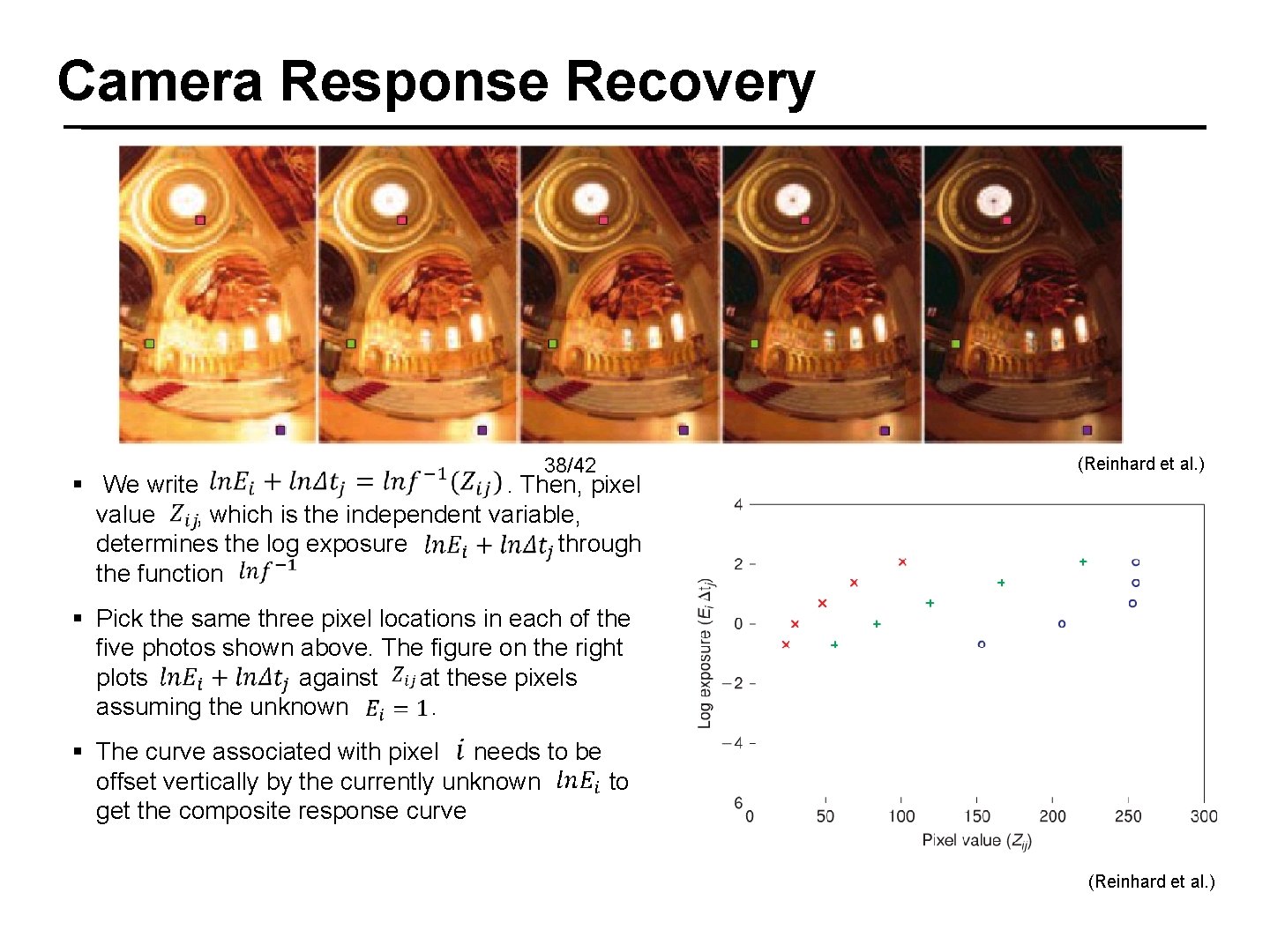 Camera Response Recovery 38/42 § We write. Then, pixel value , which is the