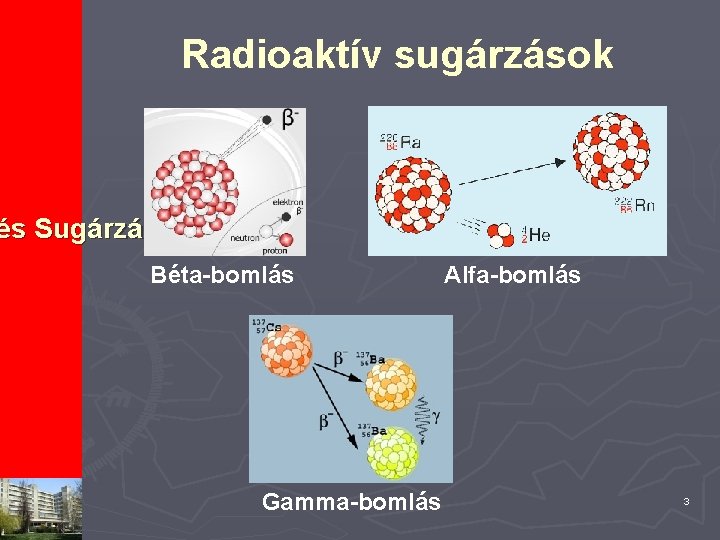 Radioaktív sugárzások és Sugárzások Béta-bomlás Gamma-bomlás Alfa-bomlás 3 