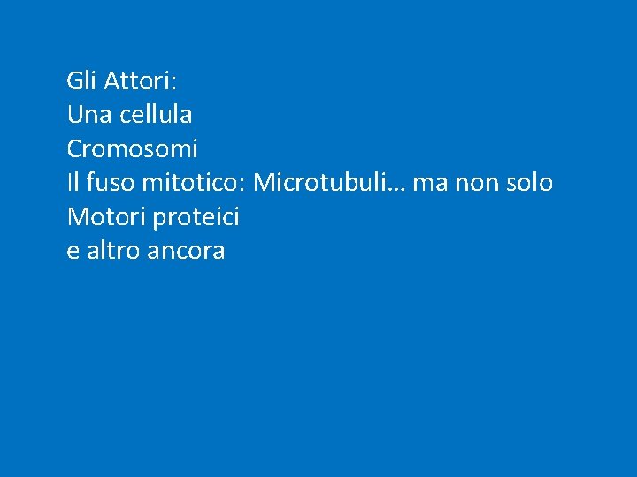 Gli Attori: Una cellula Cromosomi Il fuso mitotico: Microtubuli… ma non solo Motori proteici