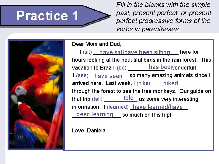 Practice 1 Fill in the blanks with the simple past, present perfect, or present