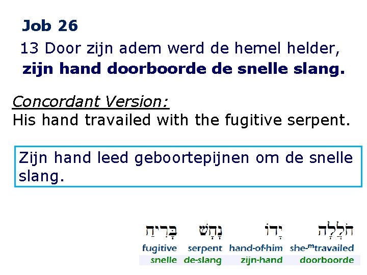 Job 26 13 Door zijn adem werd de hemel helder, zijn hand doorboorde de