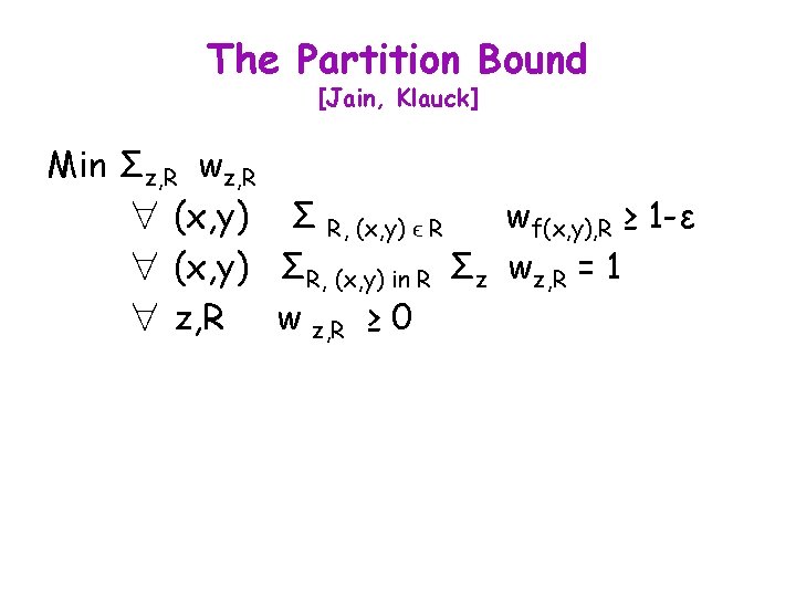 The Partition Bound [Jain, Klauck] Min Σz, R wz, R ∀ (x, y) Σ