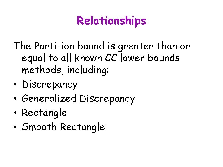 Relationships The Partition bound is greater than or equal to all known CC lower