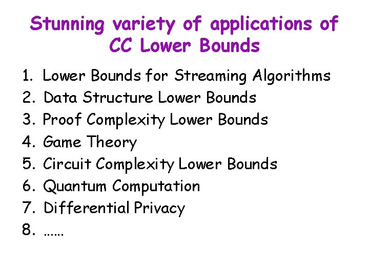 Stunning variety of applications of CC Lower Bounds 1. 2. 3. 4. 5. 6.