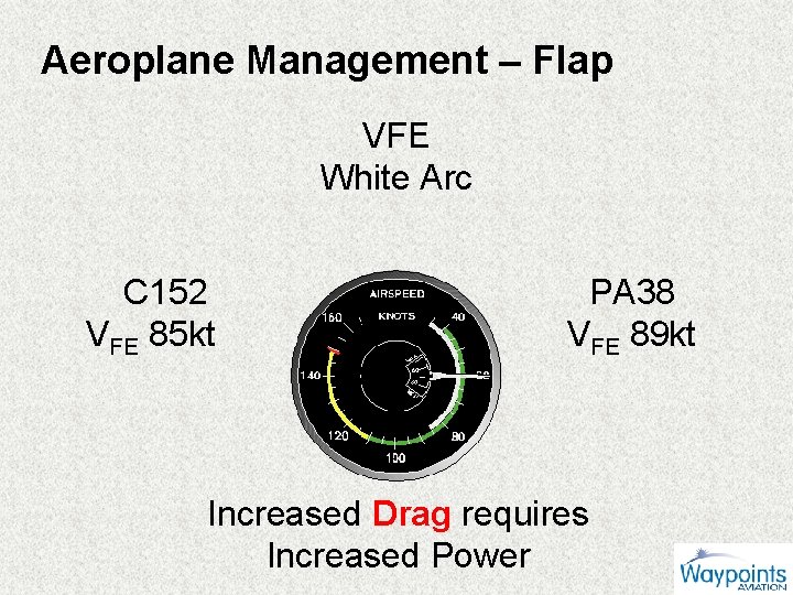 Aeroplane Management – Flap VFE White Arc C 152 VFE 85 kt PA 38