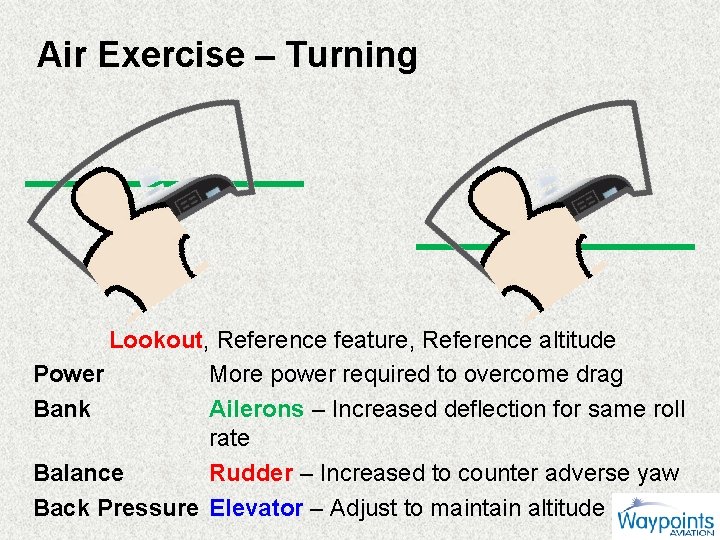 Air Exercise – Turning Lookout, Reference feature, Reference altitude Power More power required to