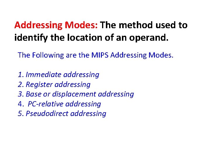 Addressing Modes: The method used to identify the location of an operand. The Following