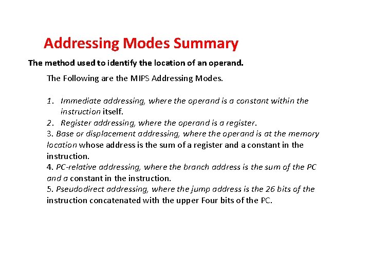 Addressing Modes Summary The method used to identify the location of an operand. The