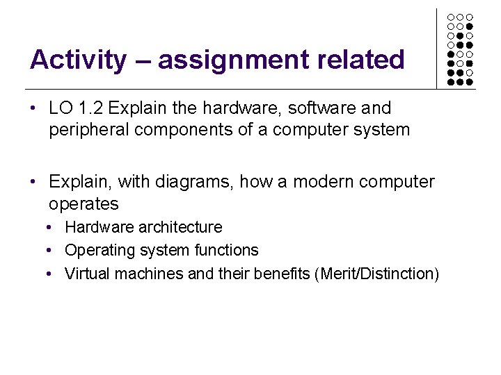 Activity – assignment related • LO 1. 2 Explain the hardware, software and peripheral Activity – assignment related • LO 1. 2 Explain the hardware, software and peripheral