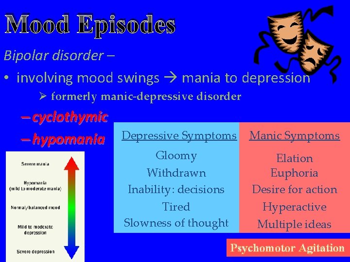 Mood Episodes Bipolar disorder – • involving mood swings mania to depression Ø formerly