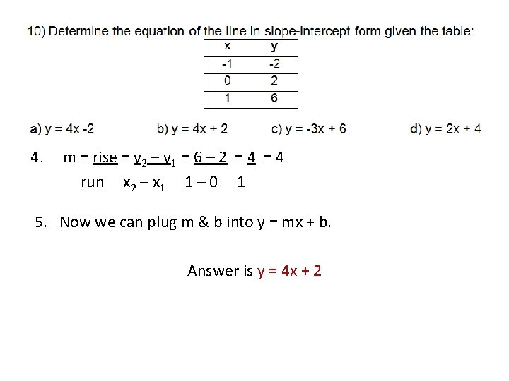 4. m = rise = y 2 – y 1 = 6 – 2