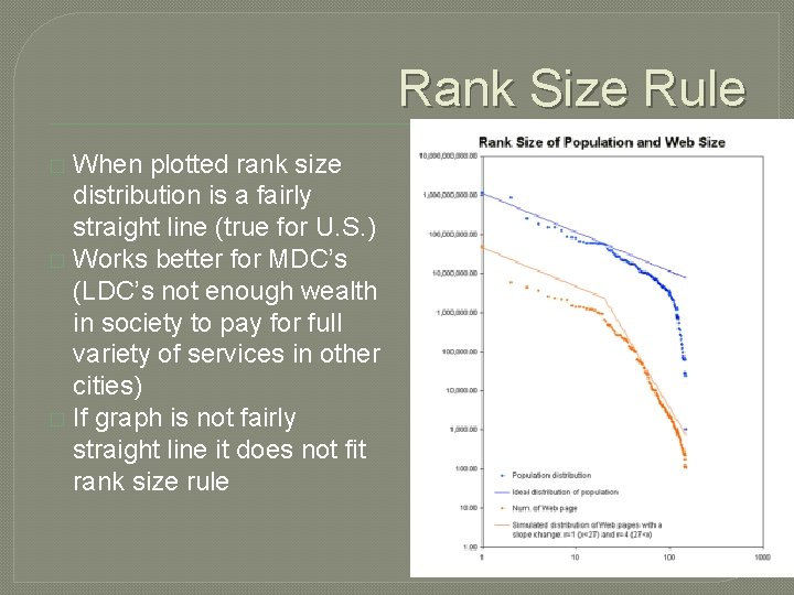 Rank Size Rule When plotted rank size distribution is a fairly straight line (true
