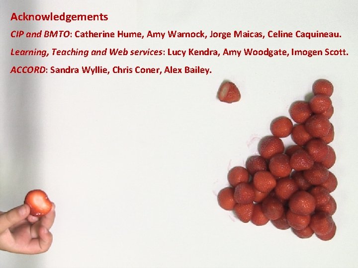 Acknowledgements CIP and BMTO: Catherine Hume, Amy Warnock, Jorge Maicas, Celine Caquineau. Learning, Teaching