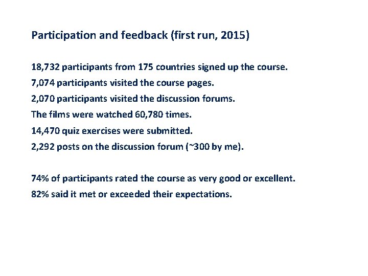 Participation and feedback (first run, 2015) 18, 732 participants from 175 countries signed up