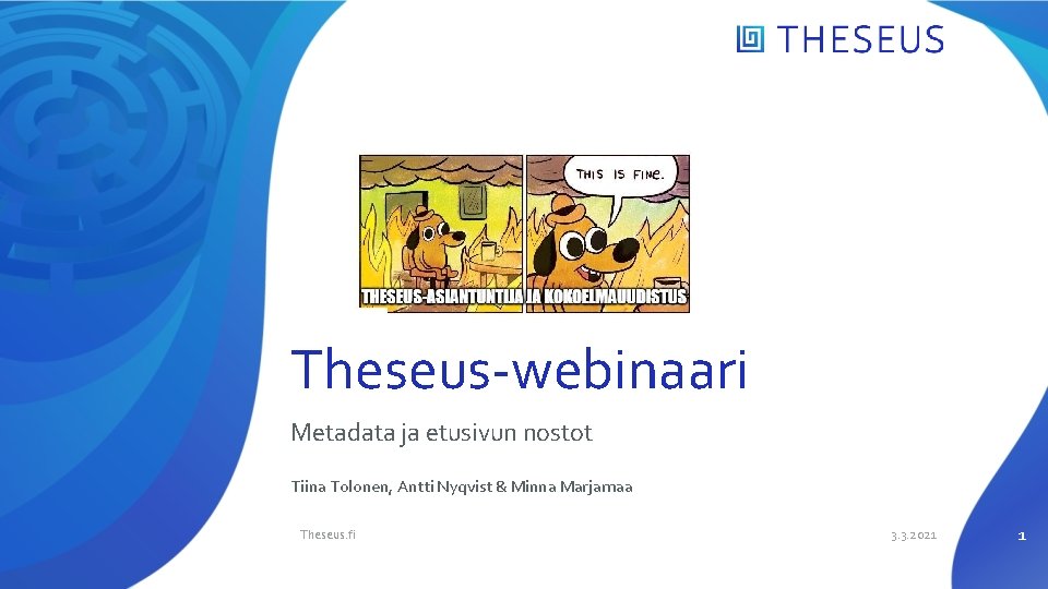 Theseus-webinaari Metadata ja etusivun nostot Tiina Tolonen, Antti Nyqvist & Minna Marjamaa Theseus. fi