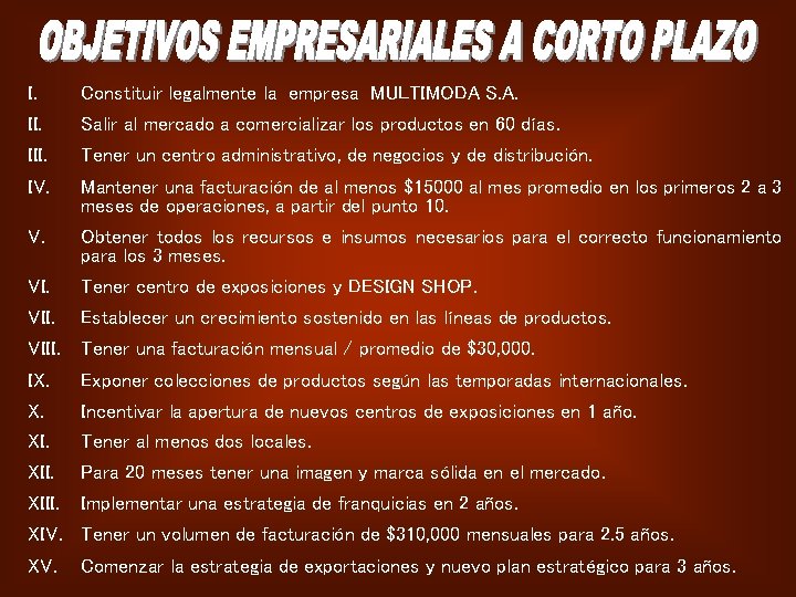 I. II. Constituir legalmente la empresa MULTIMODA S. A. III. Tener un centro administrativo,
