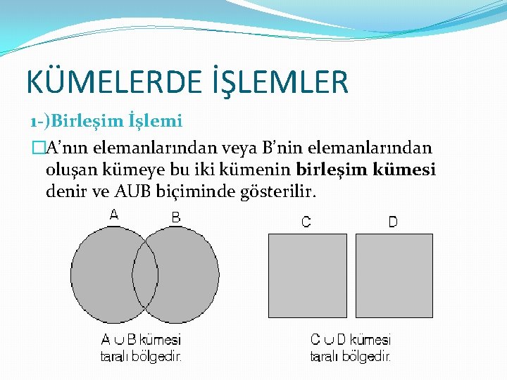 KÜMELERDE İŞLEMLER 1 -)Birleşim İşlemi �A’nın elemanlarından veya B’nin elemanlarından oluşan kümeye bu iki