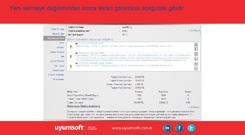 Yeni sermaye dağılımından sonra ekran görüntüsü aşağıdaki gibidir. Yeni sermaye dağılımından sonra ekran görüntüsü aşağıdaki gibidir.