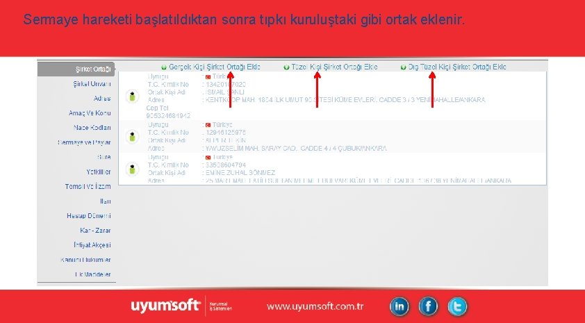 Sermaye hareketi başlatıldıktan sonra tıpkı kuruluştaki gibi ortak eklenir. Sermaye hareketi başlatıldıktan sonra tıpkı kuruluştaki gibi ortak eklenir.