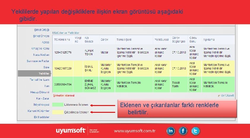 Yekililerde yapılan değişikliklere ilişkin ekran görüntüsü aşağıdaki gibidir. Eklenen ve çıkarılanlar farklı renklerle belirtilir. Yekililerde yapılan değişikliklere ilişkin ekran görüntüsü aşağıdaki gibidir. Eklenen ve çıkarılanlar farklı renklerle belirtilir.