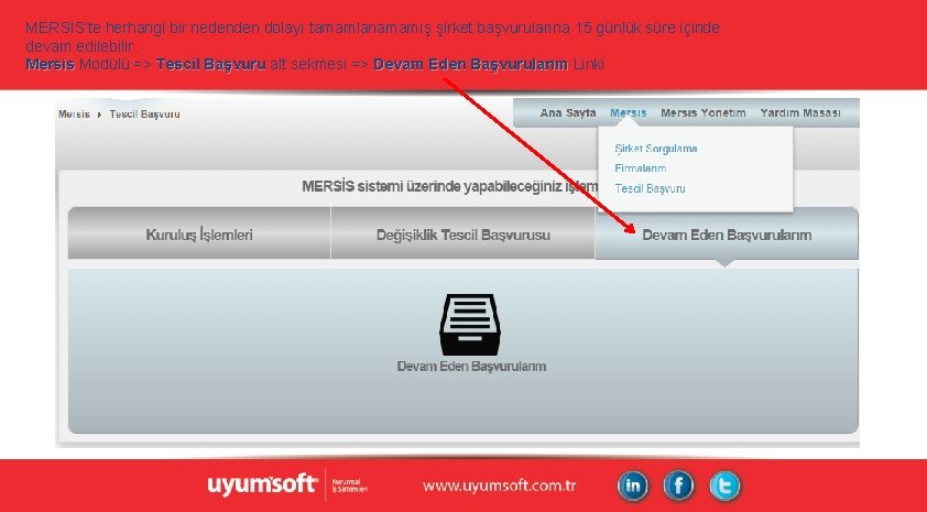 MERSİS’te herhangi bir nedenden dolayı tamamlanamamış şirket başvurularına 15 günlük süre içinde devam edilebilir. MERSİS’te herhangi bir nedenden dolayı tamamlanamamış şirket başvurularına 15 günlük süre içinde devam edilebilir.