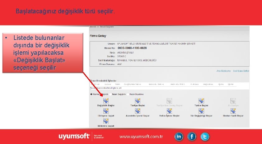 Başlatacağınız değişiklik türü seçilir. • Listede bulunanlar dışında bir değişiklik işlemi yapılacaksa «Değişiklik Başlat» Başlatacağınız değişiklik türü seçilir. • Listede bulunanlar dışında bir değişiklik işlemi yapılacaksa «Değişiklik Başlat»