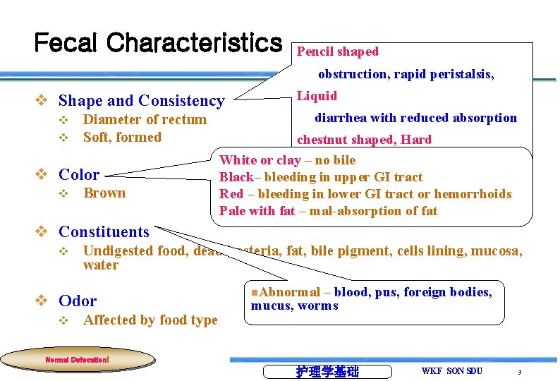Fecal Characteristics Pencil shaped obstruction, rapid peristalsis, v Shape and Consistency v v Diameter