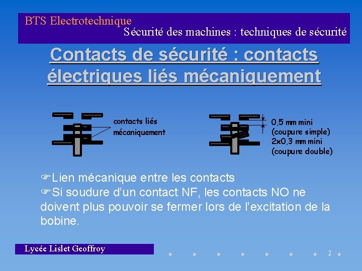 BTS Electrotechnique Sécurité des machines : techniques de sécurité Contacts de sécurité : contacts